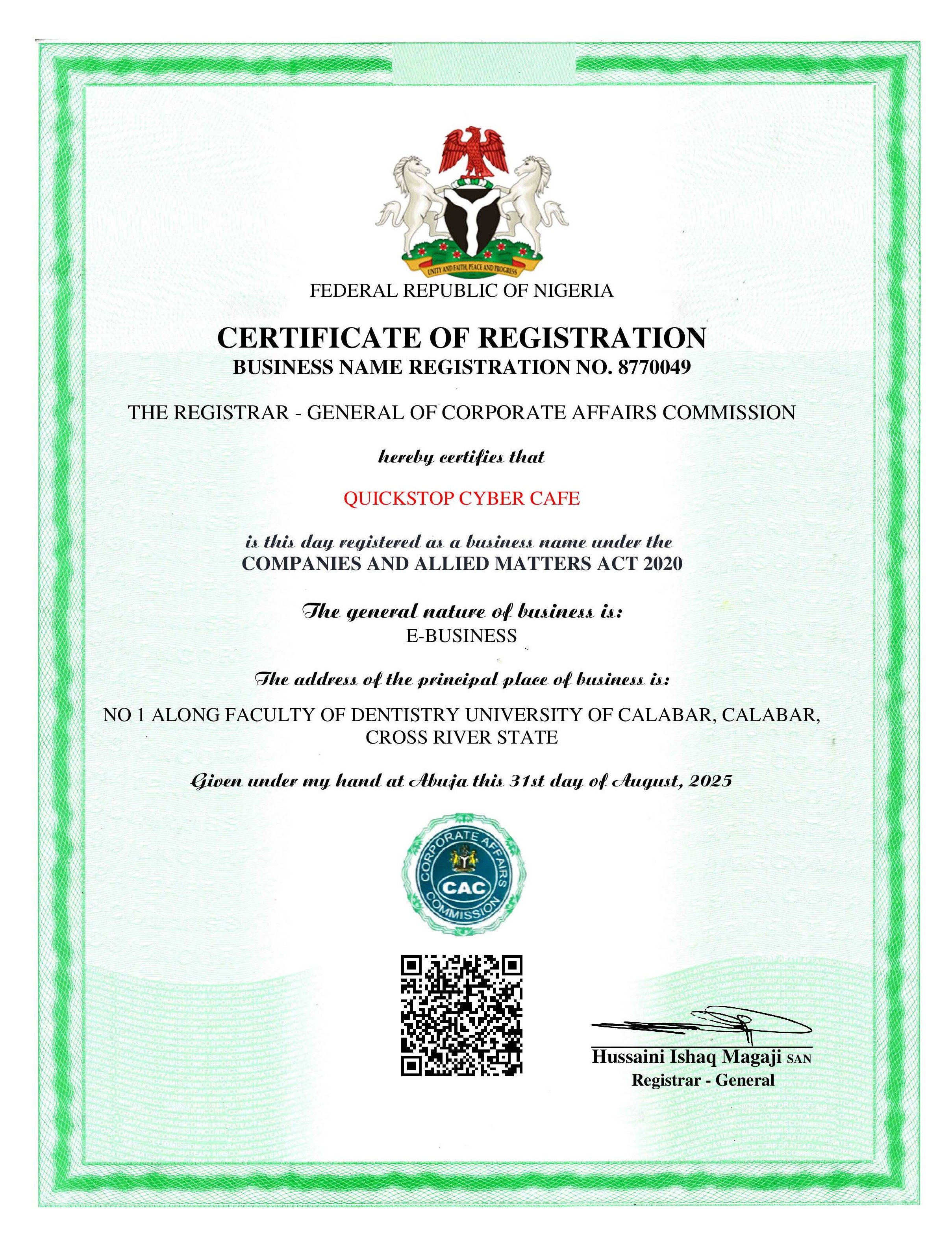 Quickstop CAC Certificate